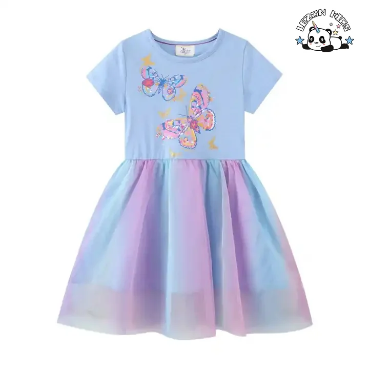 LEZONKIDS - Customizable High Quality OEM Girls Pink Sequin Dress Rainbow Mesh Baby Girls Summer Dress for 2 to 14T Children